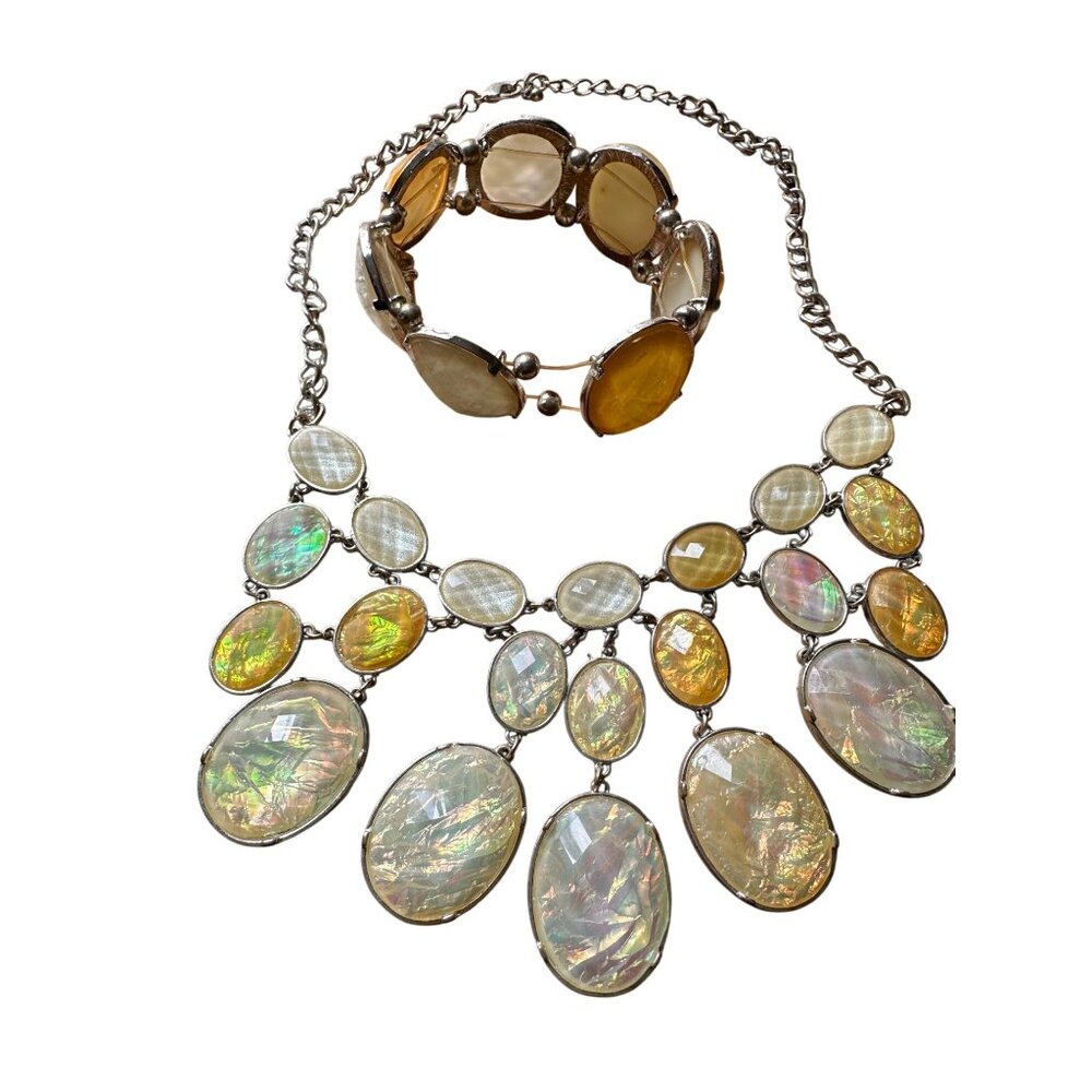 Macys Statement Necklane Opalescent Stone Bib Necklace & Matching Bracelet Set